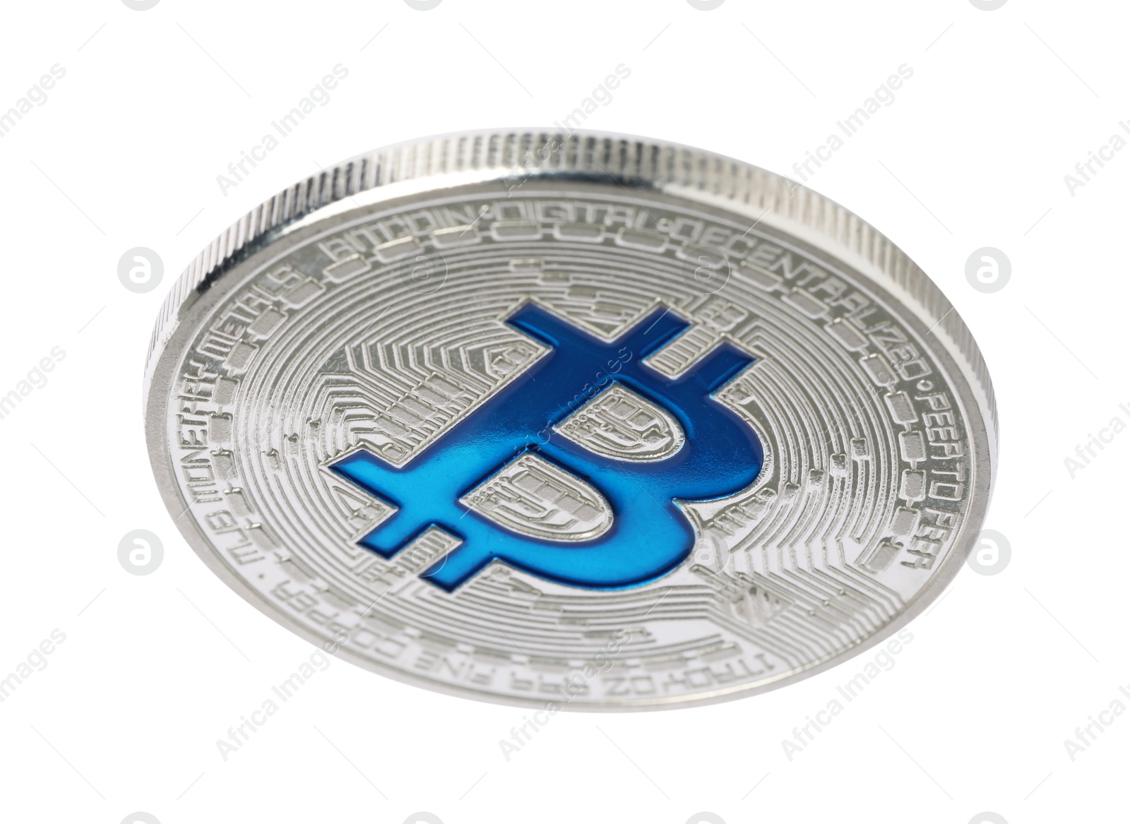 Cryptocurrency. One silver bitcoin isolated on white Photo of Cryptocurrency. One silver bitcoin isolated on white