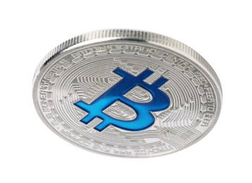 Photo of Cryptocurrency. One silver bitcoin isolated on white
