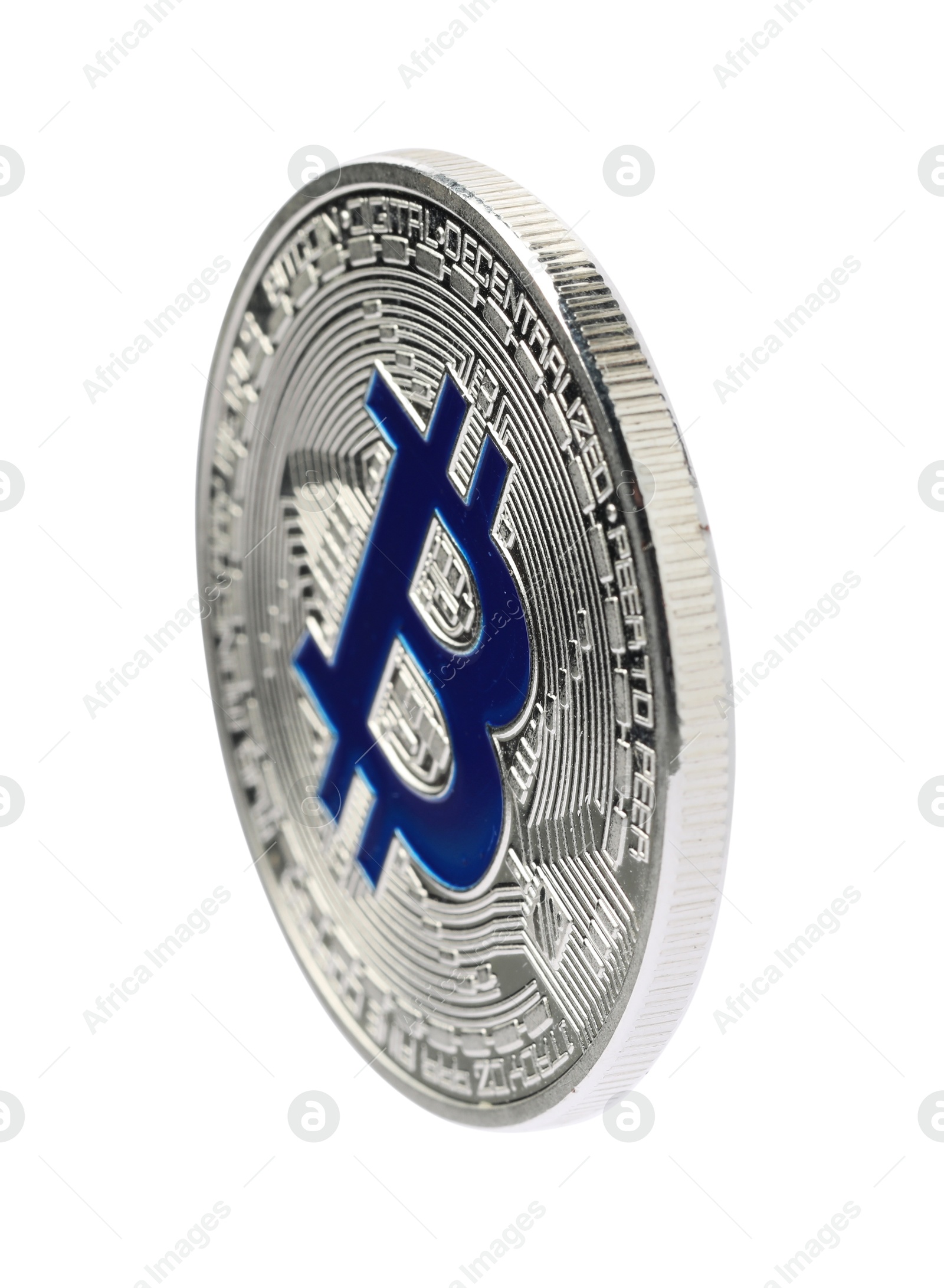 Cryptocurrency. One silver bitcoin isolated on white Photo of Cryptocurrency. One silver bitcoin isolated on white