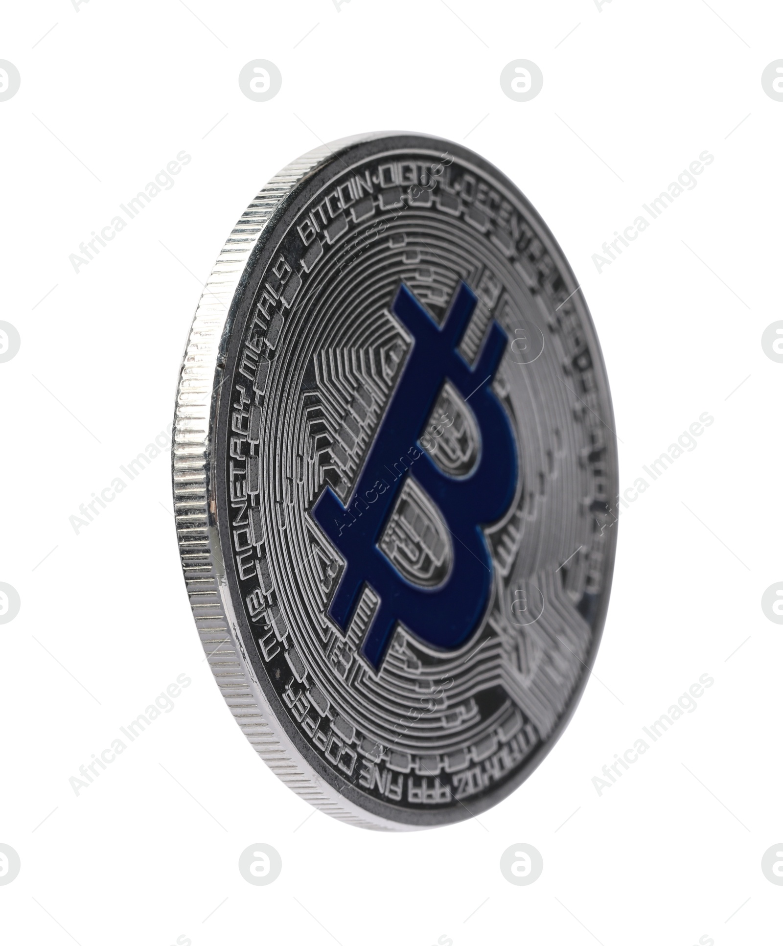 Cryptocurrency. One silver bitcoin isolated on white Photo of Cryptocurrency. One silver bitcoin isolated on white