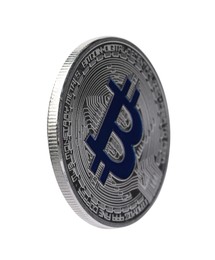 Photo of Cryptocurrency. One silver bitcoin isolated on white