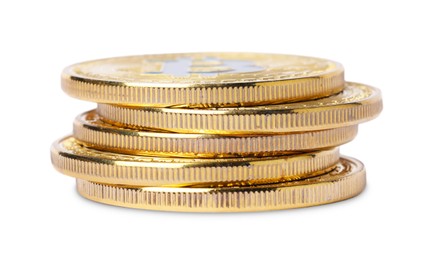 Photo of Cryptocurrency. Many golden bitcoins isolated on white