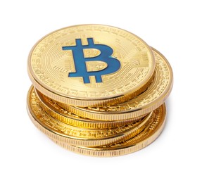 Photo of Cryptocurrency. Many golden bitcoins isolated on white