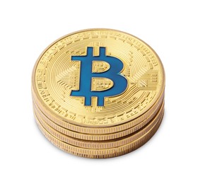 Photo of Cryptocurrency. Many golden bitcoins isolated on white