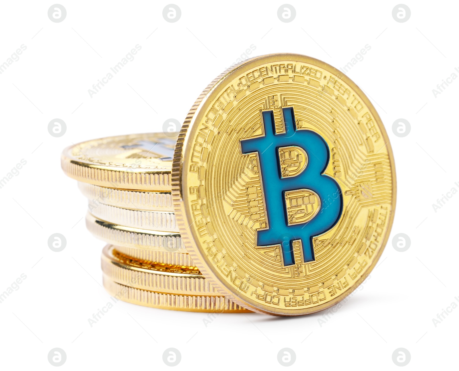 Cryptocurrency. Many golden bitcoins isolated on white Photo of Cryptocurrency. Many golden bitcoins isolated on white