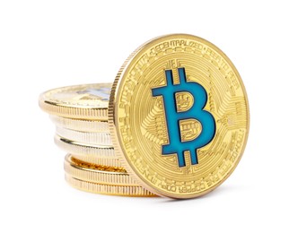 Photo of Cryptocurrency. Many golden bitcoins isolated on white