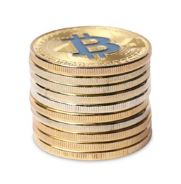 Photo of Cryptocurrency. Many golden bitcoins isolated on white