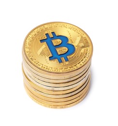 Photo of Cryptocurrency. Many golden bitcoins isolated on white