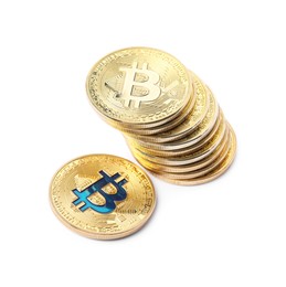 Photo of Cryptocurrency. Many golden bitcoins isolated on white