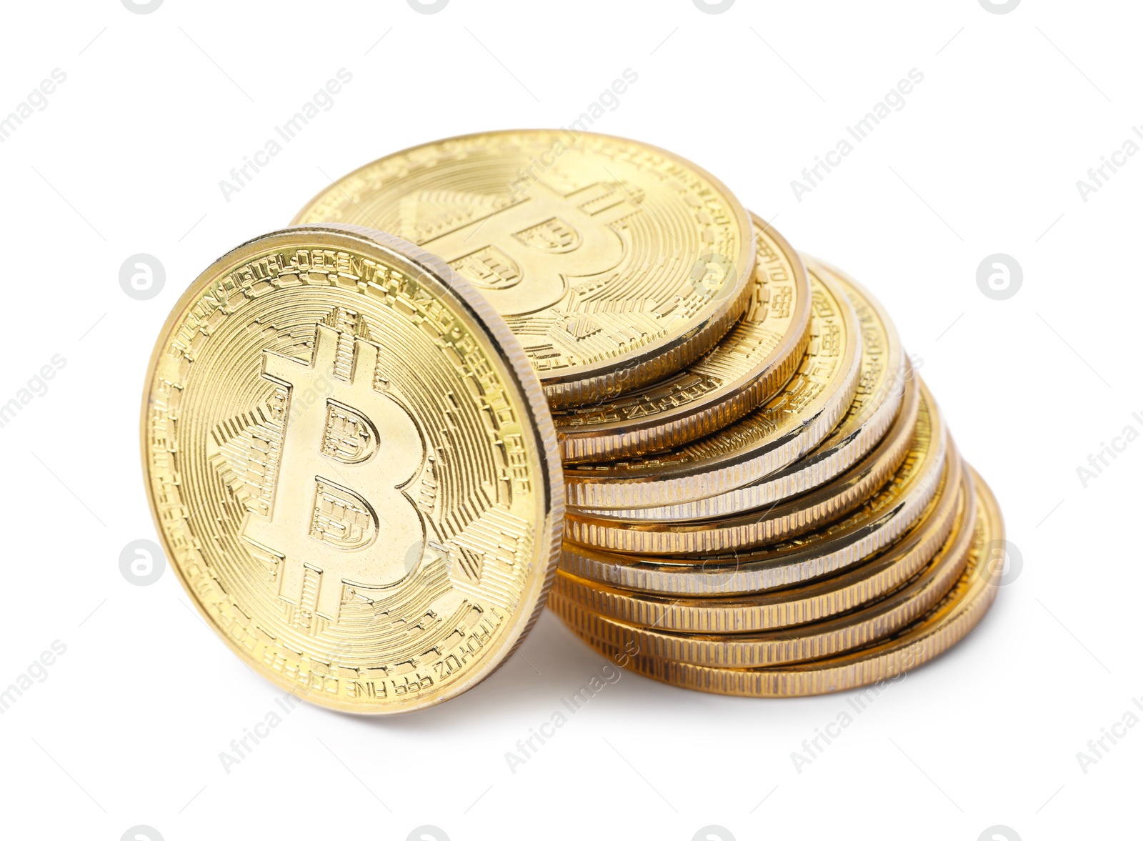 Cryptocurrency. Many golden bitcoins isolated on white Photo of Cryptocurrency. Many golden bitcoins isolated on white