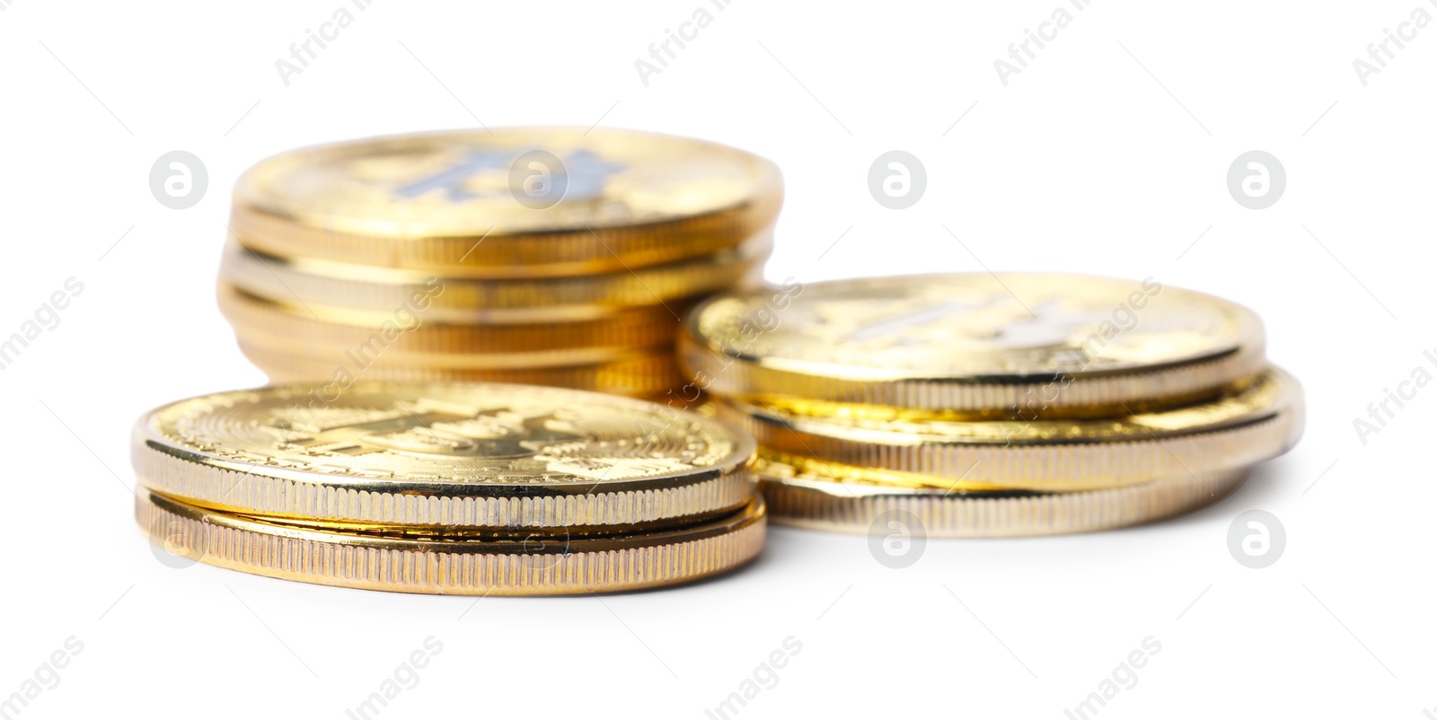 Cryptocurrency. Many golden bitcoins isolated on white Photo of Cryptocurrency. Many golden bitcoins isolated on white