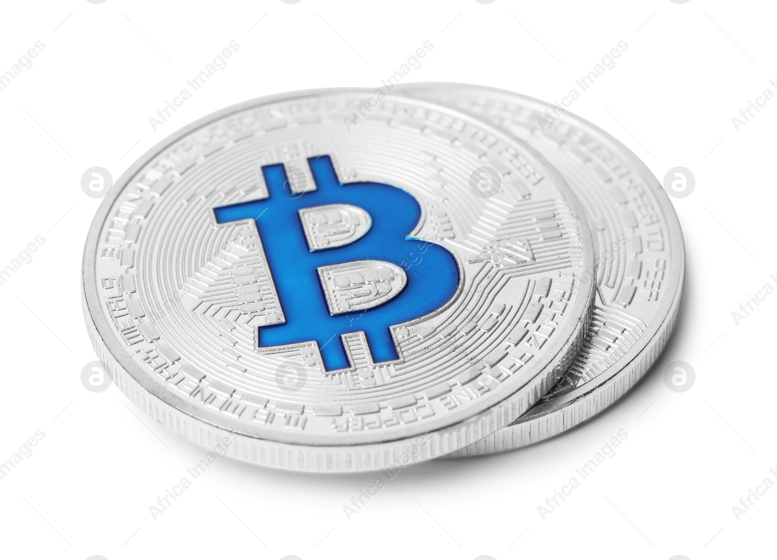Cryptocurrency. Two silver bitcoins isolated on white Photo of Cryptocurrency. Two silver bitcoins isolated on white