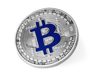 Photo of Cryptocurrency. One silver bitcoin isolated on white