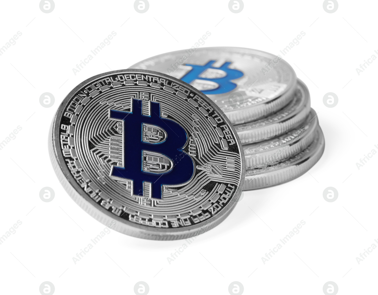 Cryptocurrency. Many silver bitcoins isolated on white Photo of Cryptocurrency. Many silver bitcoins isolated on white