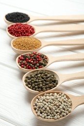 Photo of Different aromatic spices in spoons on white wooden table, closeup