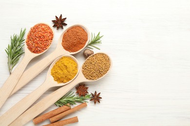 Photo of Different aromatic spices in spoons on white wooden table, flat lay. Space for text