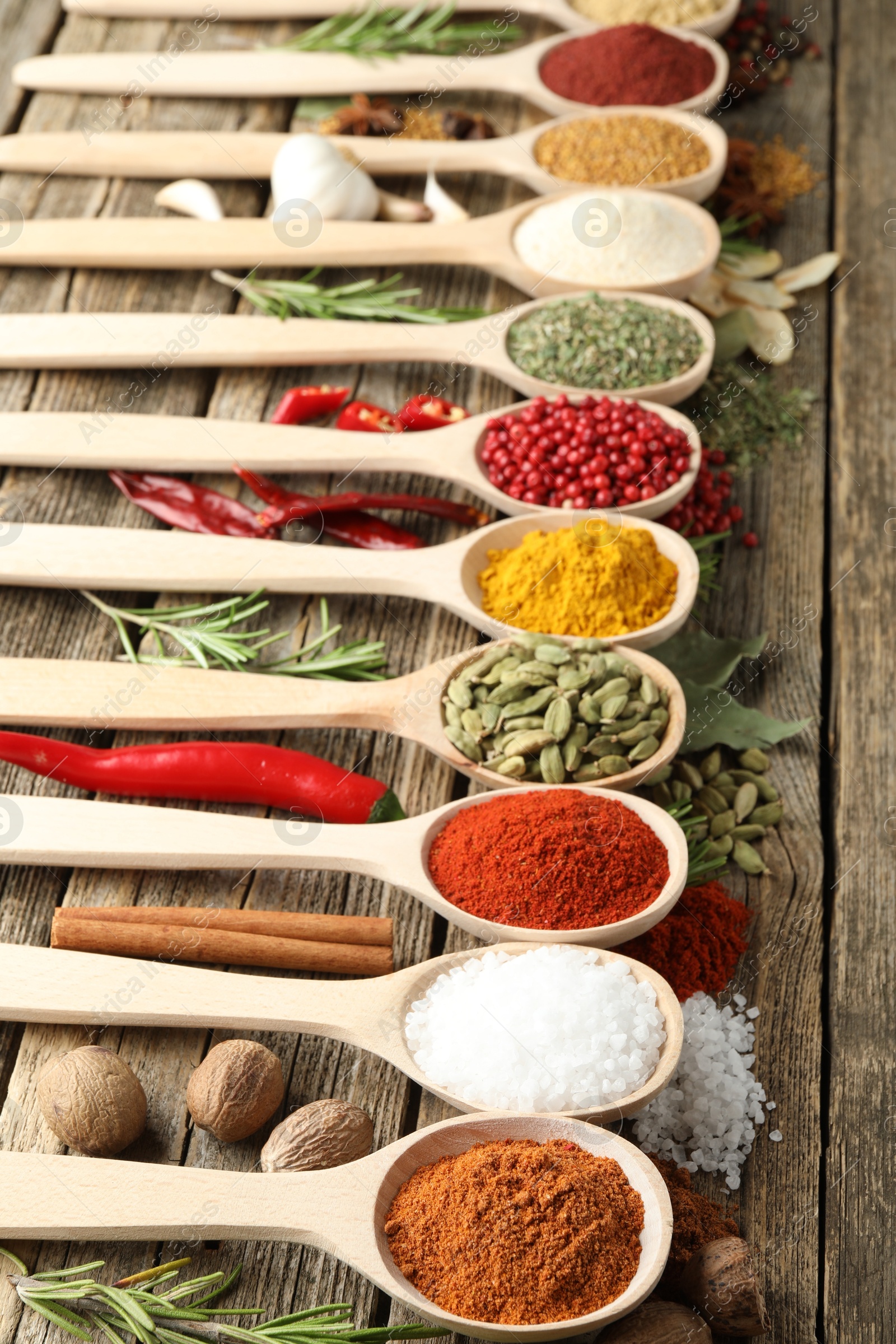 Different aromatic spices in spoons on wooden table, closeup Photo of Different aromatic spices in spoons on wooden table, closeup