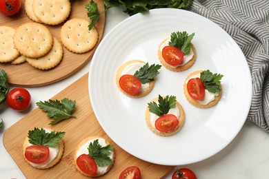 Photo of Tasty crackers with cream cheese, tomatoes and parsley on white table, flat lay