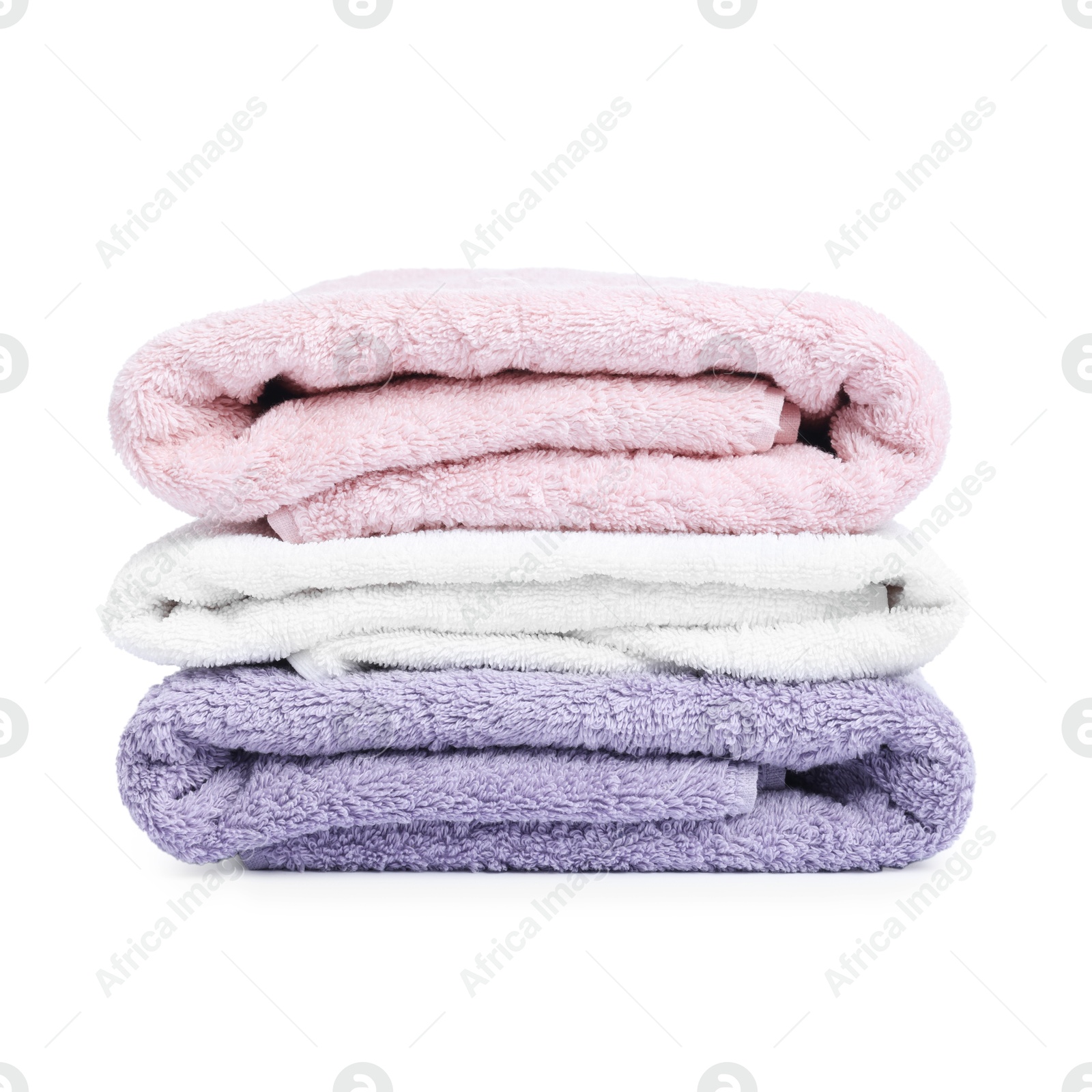 Stack of clean towels isolated on white Photo of Stack of clean towels isolated on white