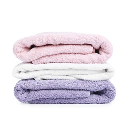 Photo of Stack of clean towels isolated on white