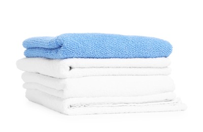 Photo of Stack of clean towels isolated on white