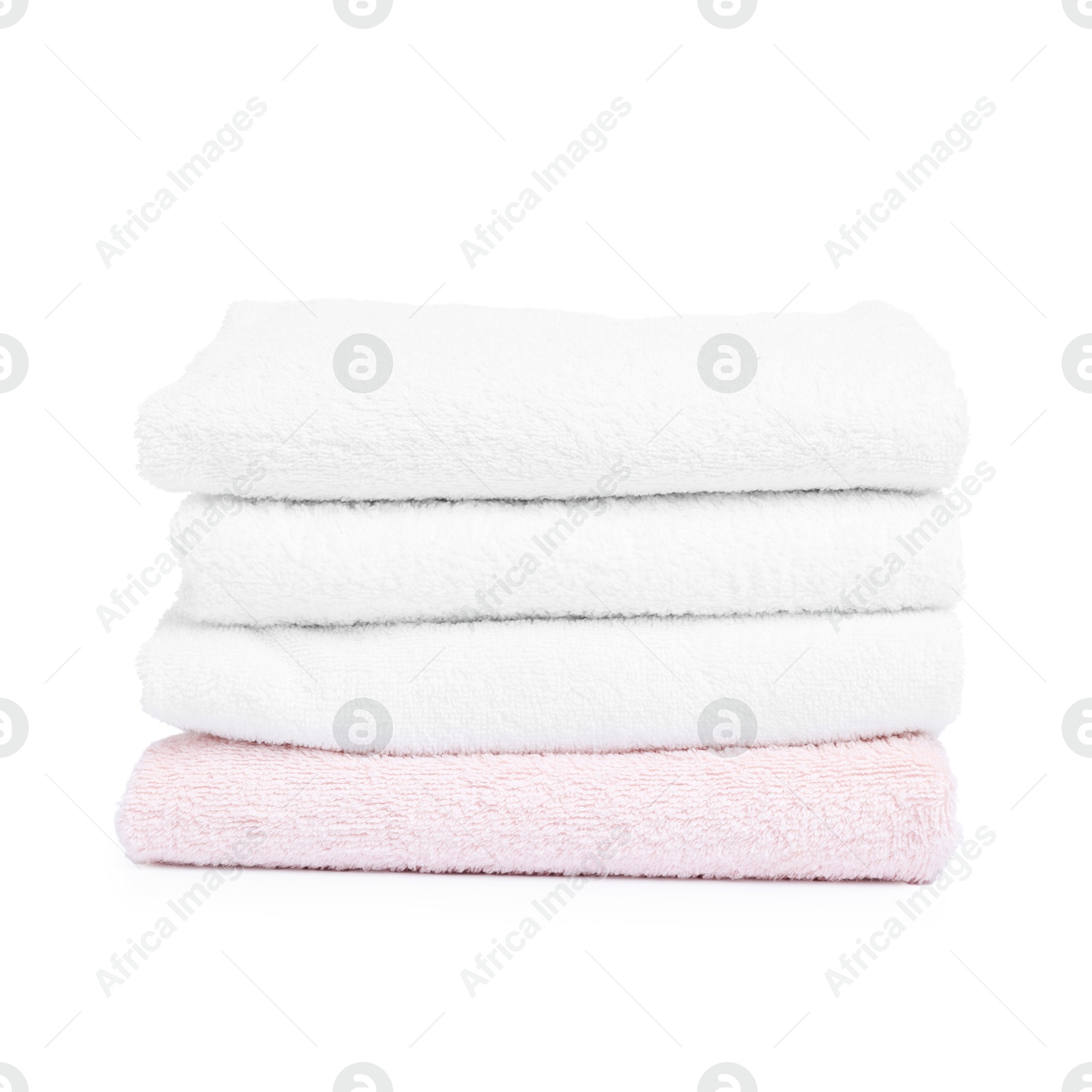 Stack of clean towels isolated on white Photo of Stack of clean towels isolated on white