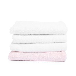 Photo of Stack of clean towels isolated on white
