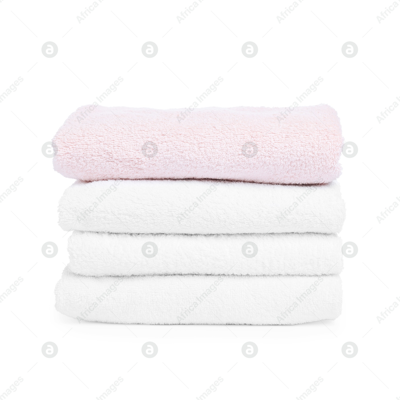 Stack of clean towels isolated on white Photo of Stack of clean towels isolated on white