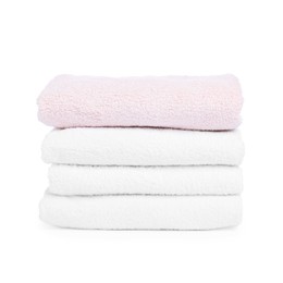 Photo of Stack of clean towels isolated on white