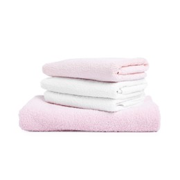 Photo of Stack of clean towels isolated on white