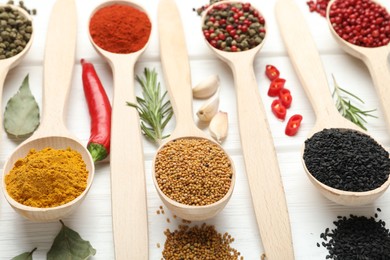 Photo of Different aromatic spices in spoons on white wooden table, closeup