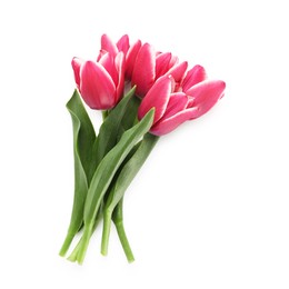 Photo of Beautiful tulip flowers on white background, top view