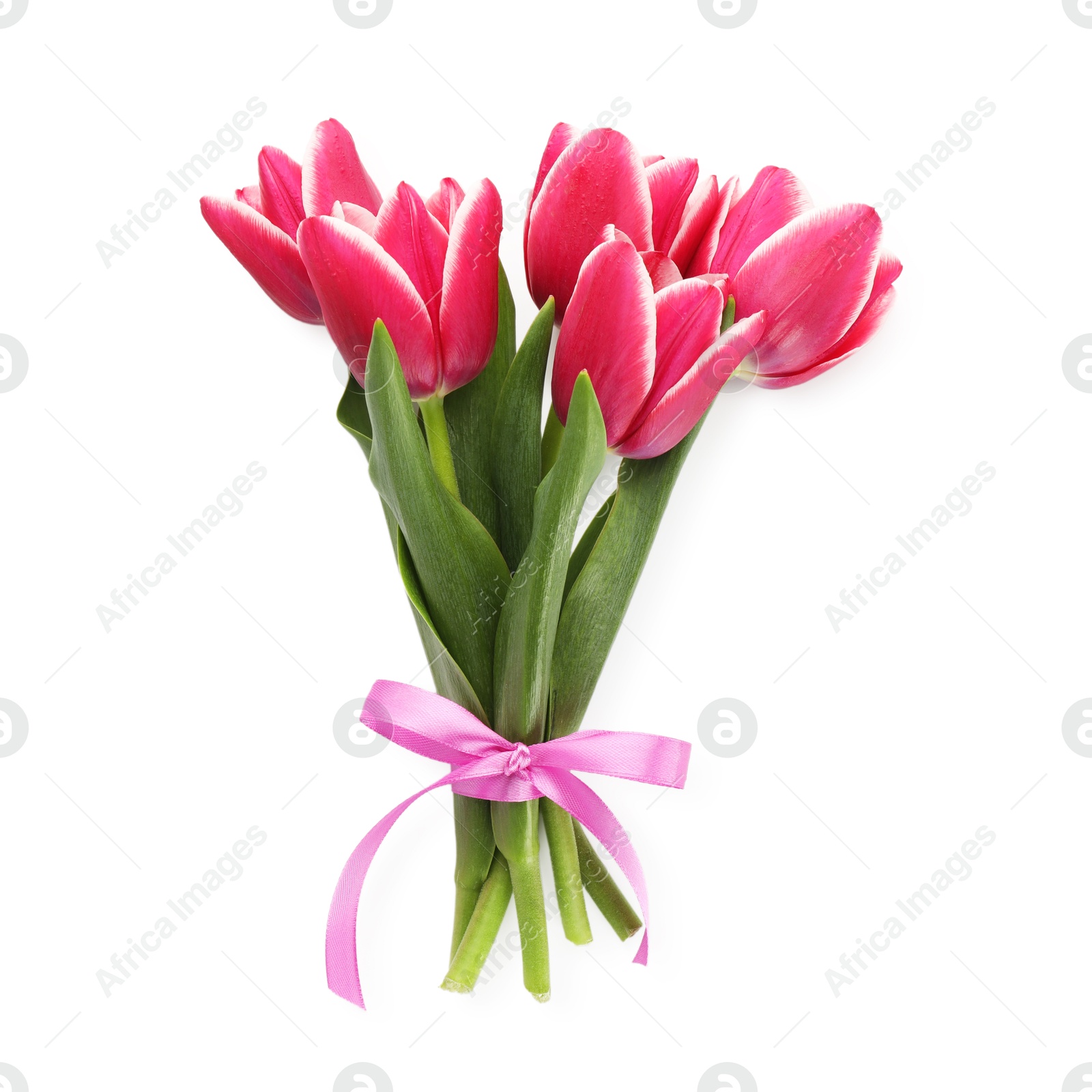 Bouquet of beautiful tulips isolated on white, top view Photo of Bouquet of beautiful tulips isolated on white, top view