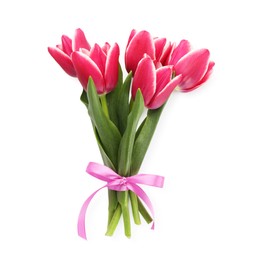 Photo of Bouquet of beautiful tulips isolated on white, top view