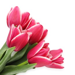 Photo of Bouquet of beautiful tulips isolated on white, top view