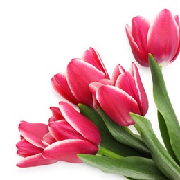 Photo of Bouquet of beautiful tulips isolated on white, top view
