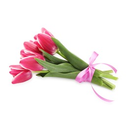 Photo of Bouquet of beautiful tulips isolated on white, top view