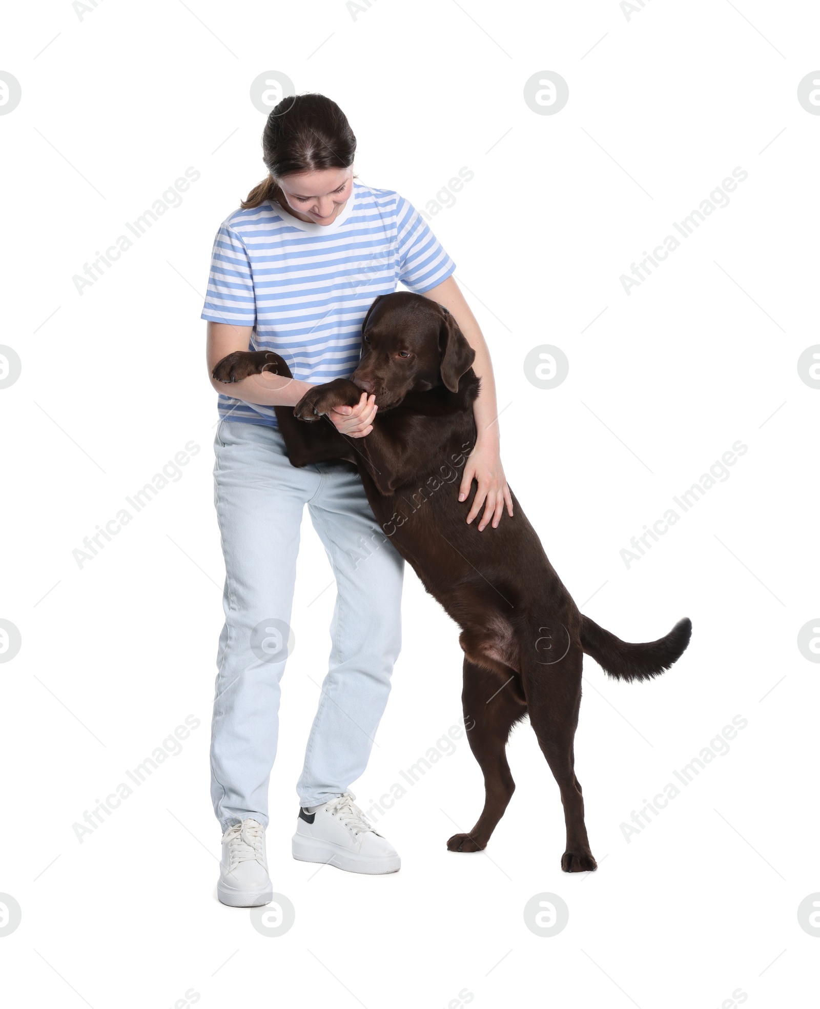 Happy woman training her dog on white background Photo of Happy woman training her dog on white background