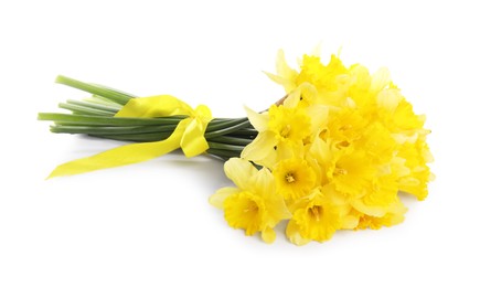Photo of Bouquet of beautiful daffodils isolated on white