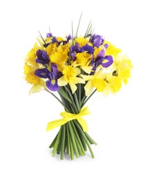 Photo of Bouquet of beautiful daffodils and irises isolated on white