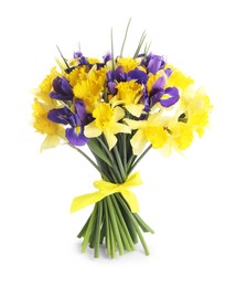 Photo of Bouquet of beautiful daffodils and irises isolated on white