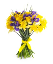 Photo of Bouquet of beautiful daffodils and irises isolated on white