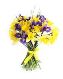 Photo of Bouquet of beautiful daffodils and irises isolated on white