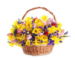 Photo of Beautiful colorful flowers in basket isolated on white