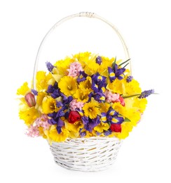 Photo of Beautiful colorful flowers in basket isolated on white