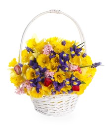 Photo of Beautiful colorful flowers in basket isolated on white