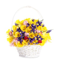 Photo of Beautiful colorful flowers in basket isolated on white