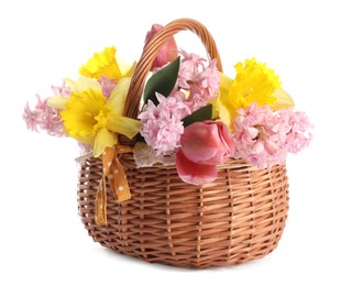 Photo of Beautiful colorful flowers in basket isolated on white
