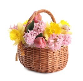 Photo of Beautiful colorful flowers in basket isolated on white
