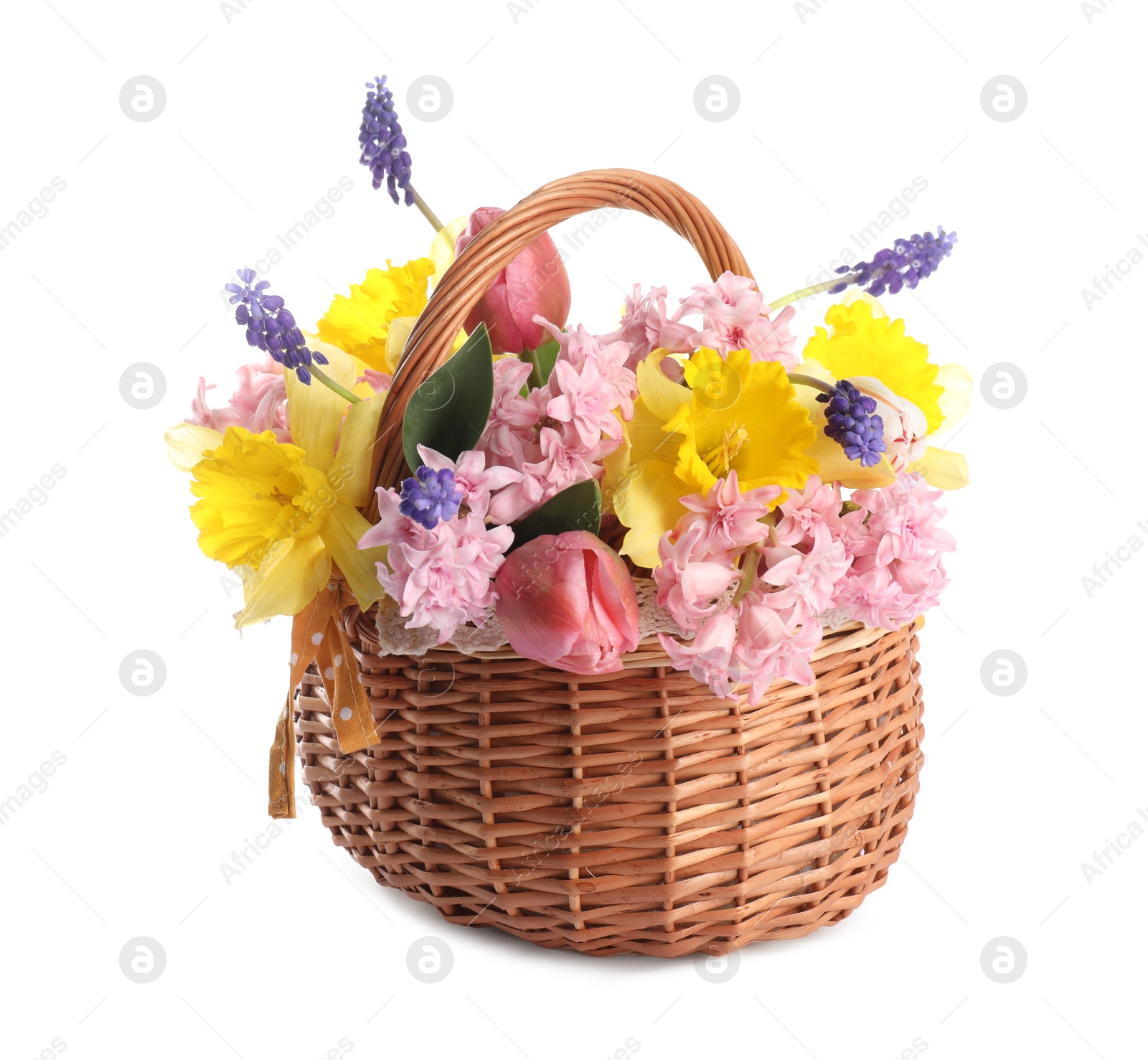 Beautiful colorful flowers in basket isolated on white Photo of Beautiful colorful flowers in basket isolated on white